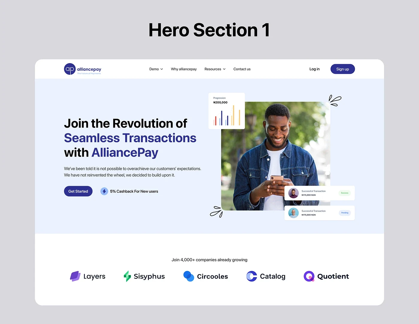 AlliancePay payment landing-page hero with a customer portrait and transaction cards.