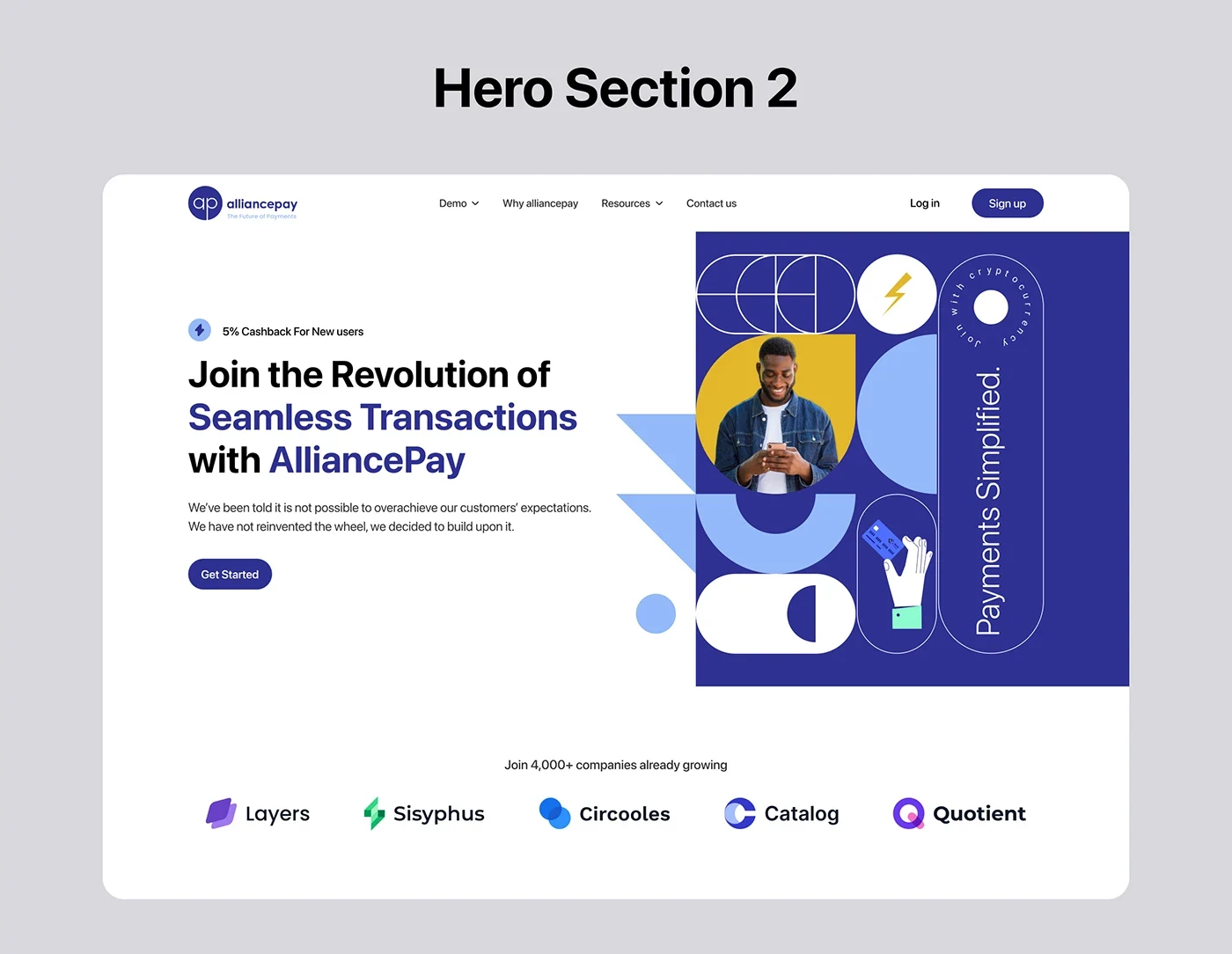 AlliancePay hero exploration with blue geometric shapes, a customer portrait and payment messaging.