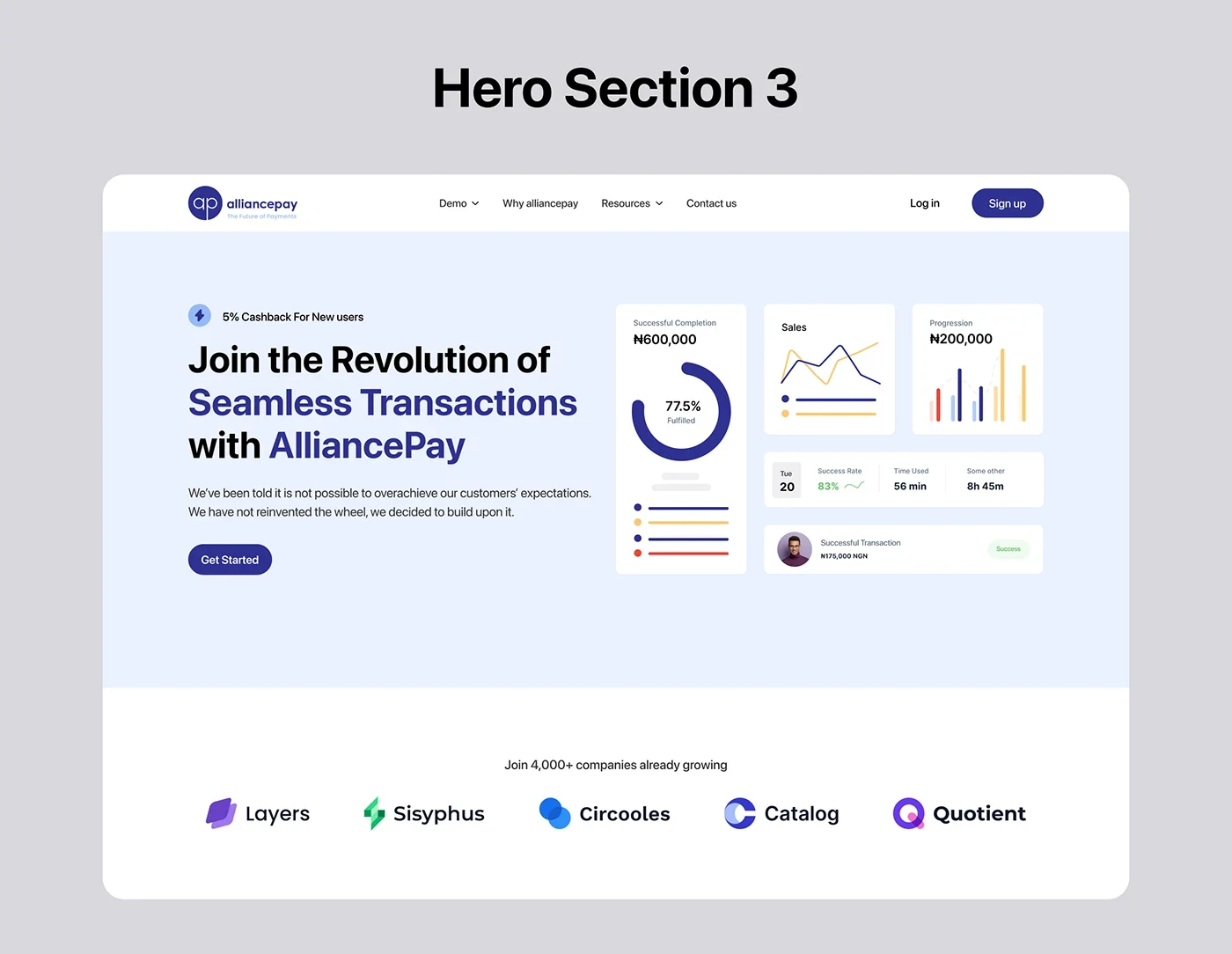 AlliancePay hero exploration featuring financial charts and transaction summaries.